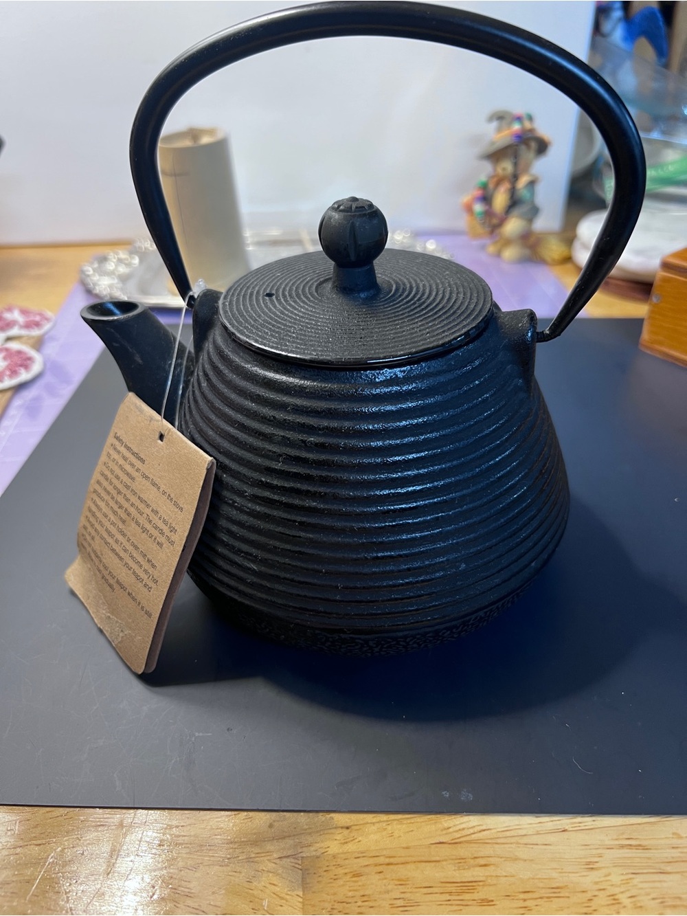Cast Iron Black Teapot with Handle - Home Kitchen, 3.3lb